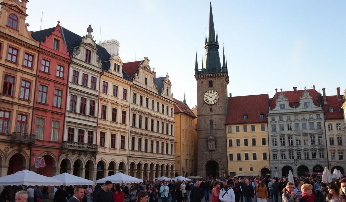 Old Town Square in Prague with the astronomical clock tower and pastel baroque facades