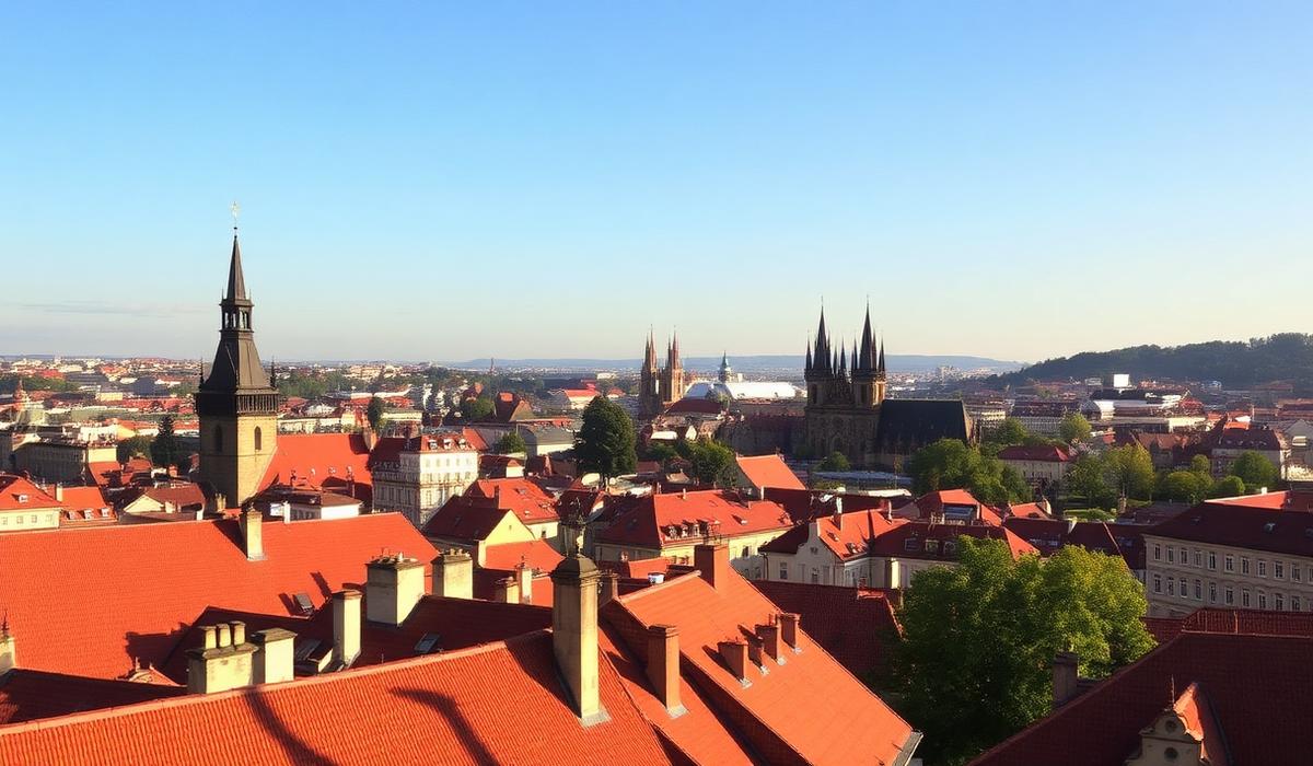 View across red tiled rooftops of Prague seen from the castle hill