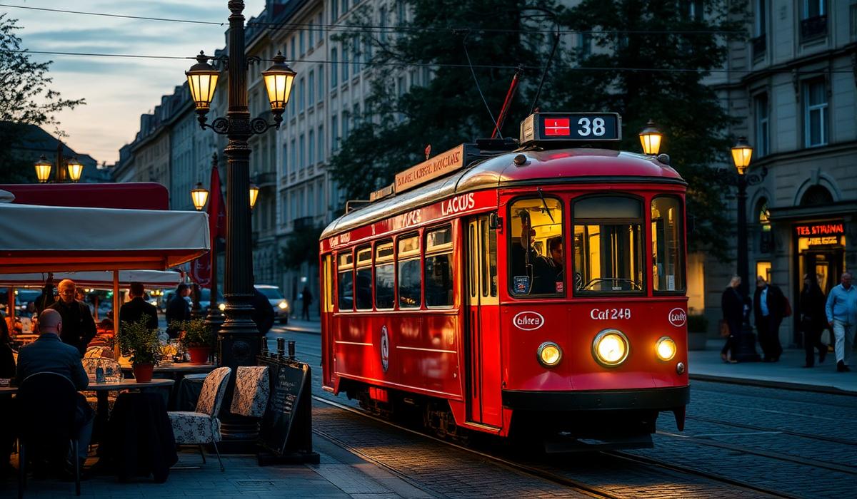 Red vintage tram passing a small cafe terrace in Mala Strana at dusk