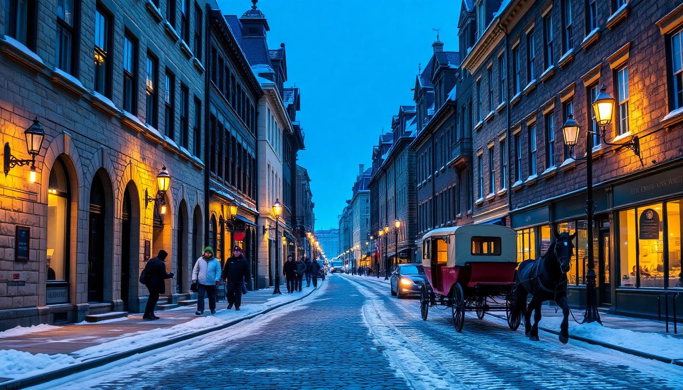 Snowy cobbled street of Petit Champlain in Quebec City lit with warm lamps at dusk