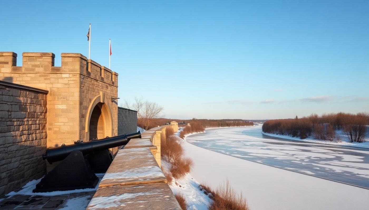 Snow covered stone fortifications and a gate in the old city walls of Quebec City