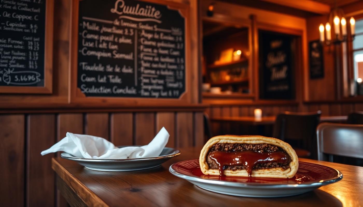 Warm interior of a small bistro with wooden beams and steamed windows in winter