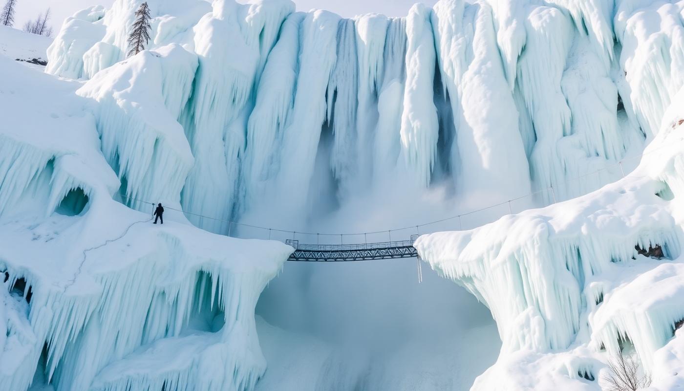 Frozen waterfall with ice formations at Montmorency Falls near Quebec City