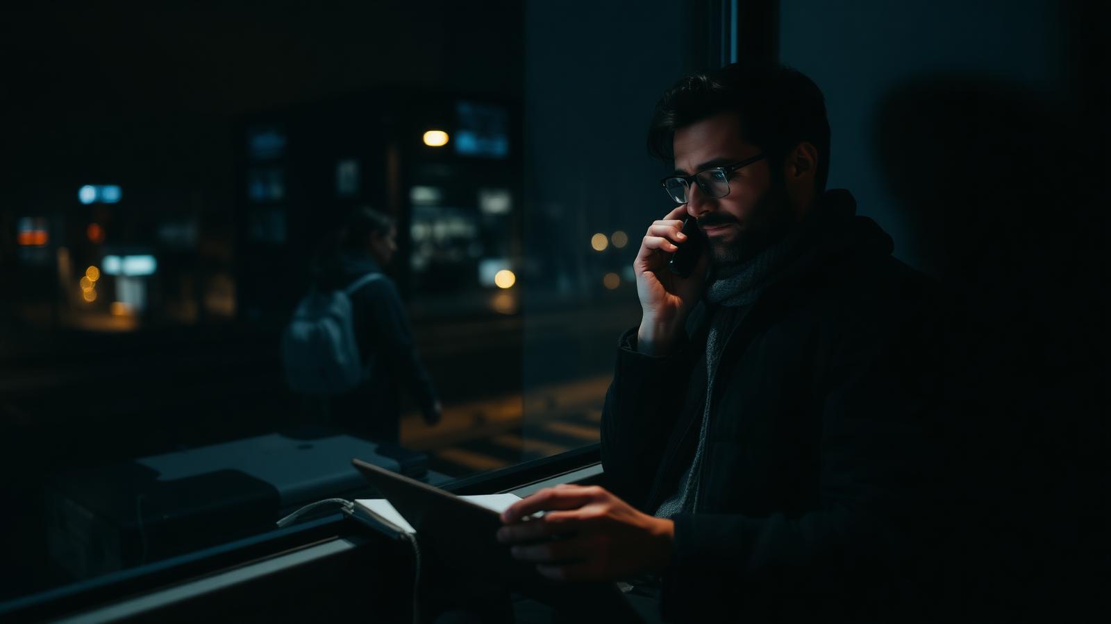 Traveller urgently rebooking a flight on a phone at an airport departure gate