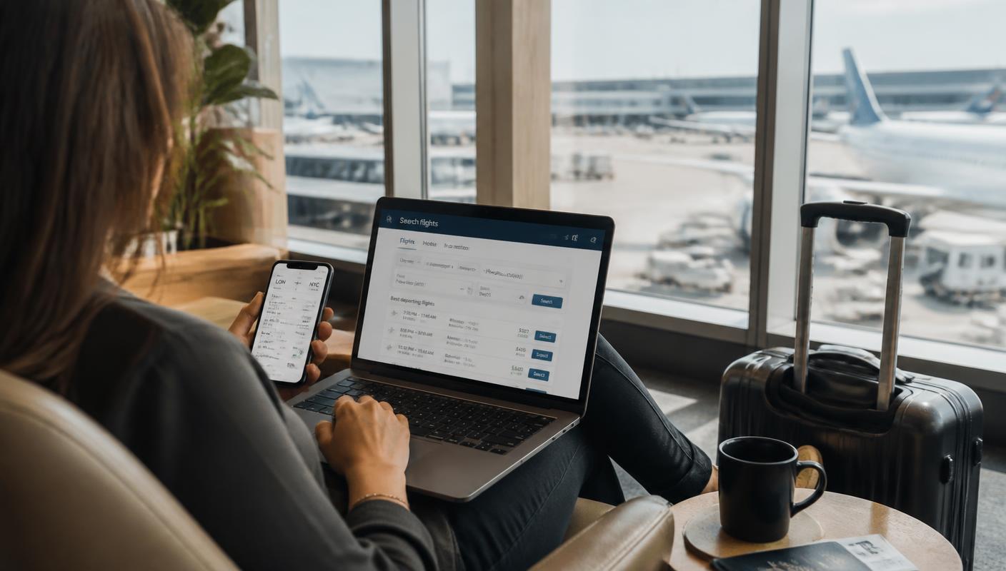 Traveller weighing a decision while holding a phone showing refund and credit options