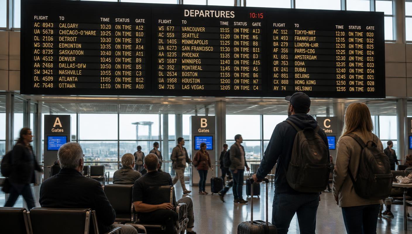 Traveller checking a mobile boarding pass and standby list at an airport gate podium