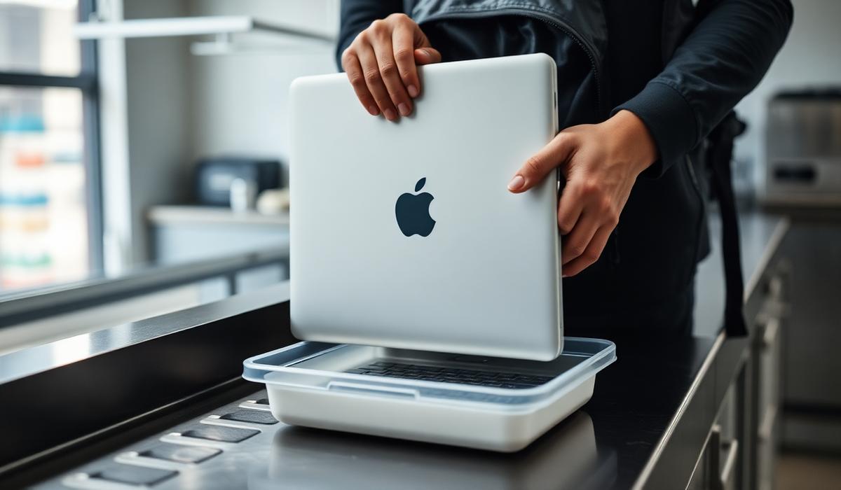 Traveller placing a laptop into a grey security bin at an airport checkpoint