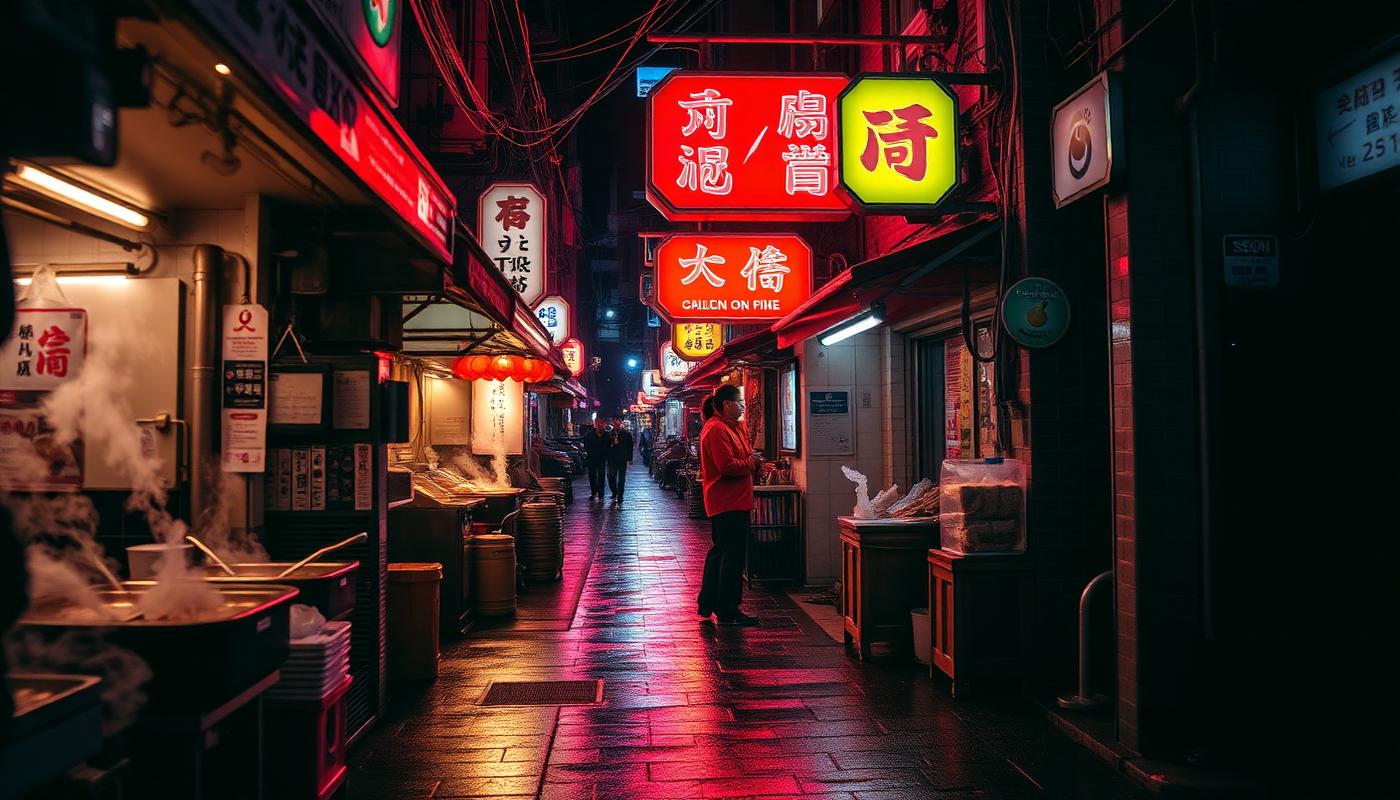 Street food stalls glowing at night in a busy Seoul market alley