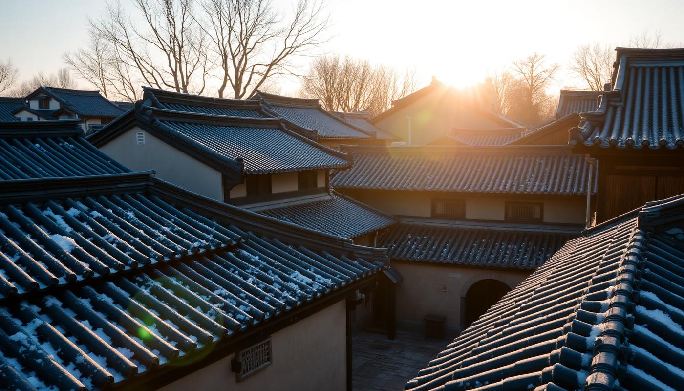 Narrow lane of traditional tiled hanok houses in the Bukchon district of Seoul