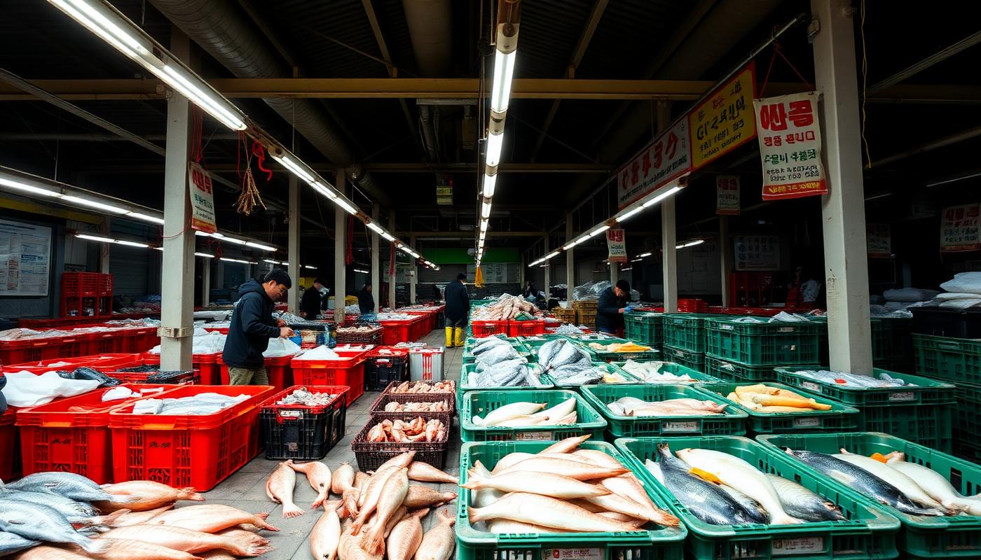 Seafood tanks and crates of shellfish at a large indoor fish market in Seoul