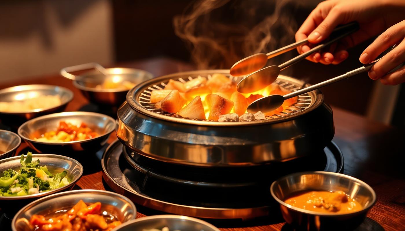 Grill set into a restaurant table with pork belly cooking and side dishes around it