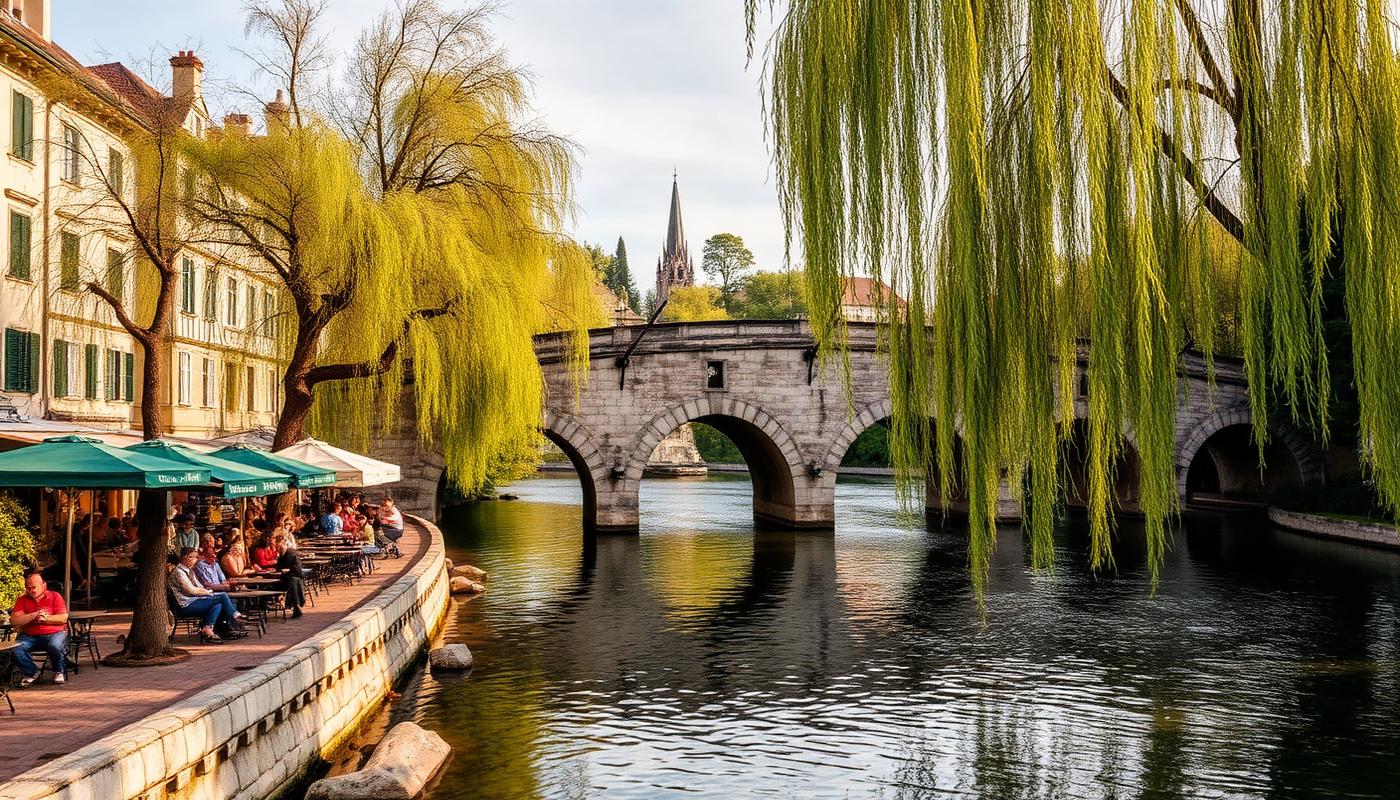The Triple Bridge over the Ljubljanica river in Ljubljana with riverside cafes