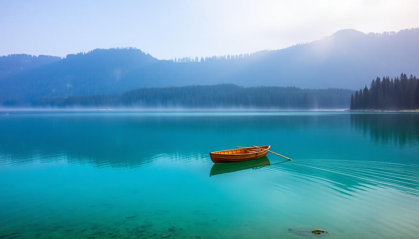 Traditional wooden pletna boat crossing Lake Bled towards the island church
