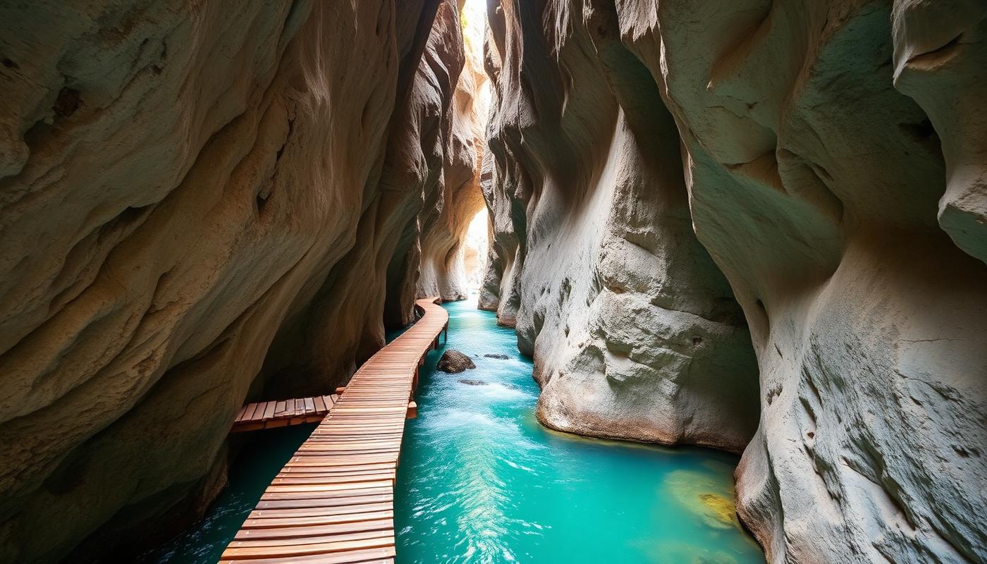Wooden walkway bolted to the rock wall of a narrow river gorge in Slovenia