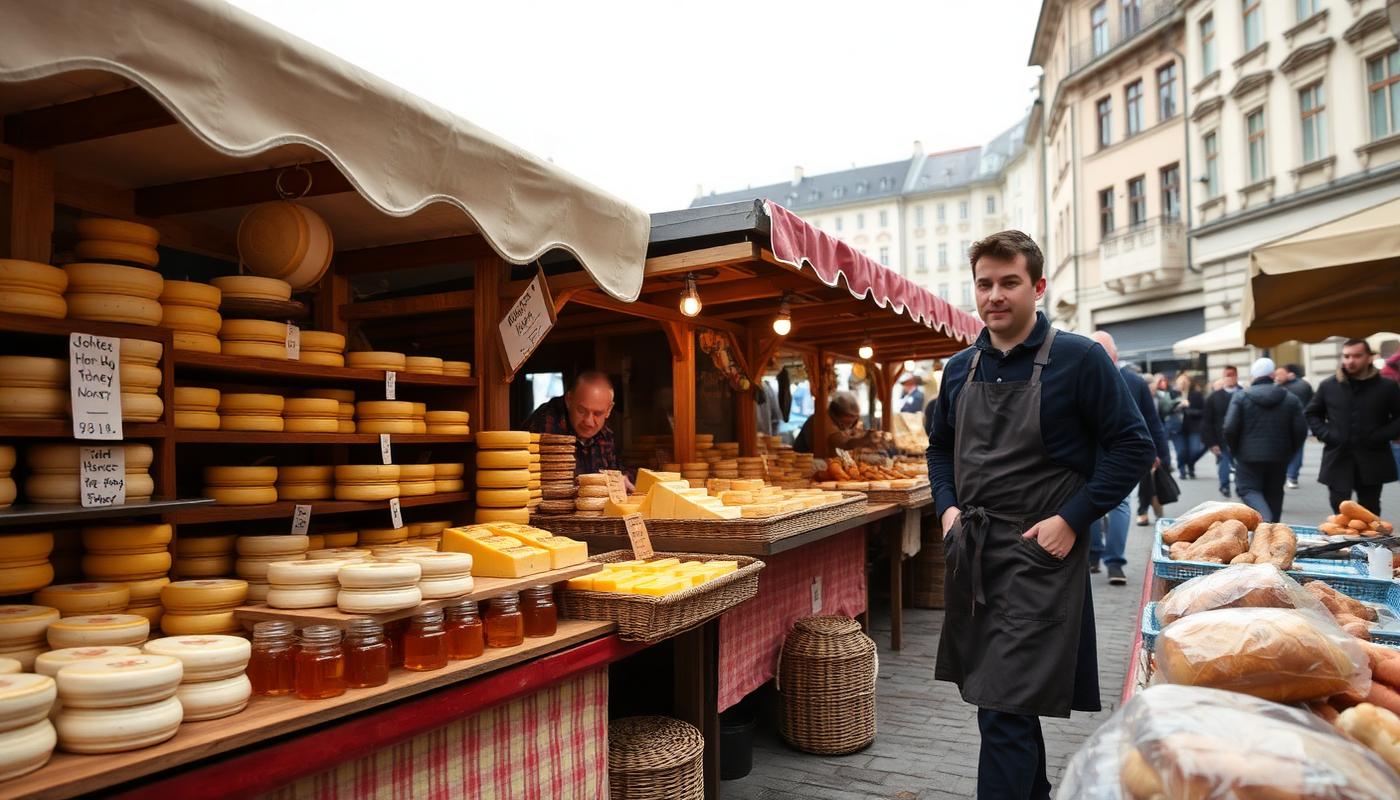 Open air market stalls with fruit and vegetables beside a colonnade in Ljubljana