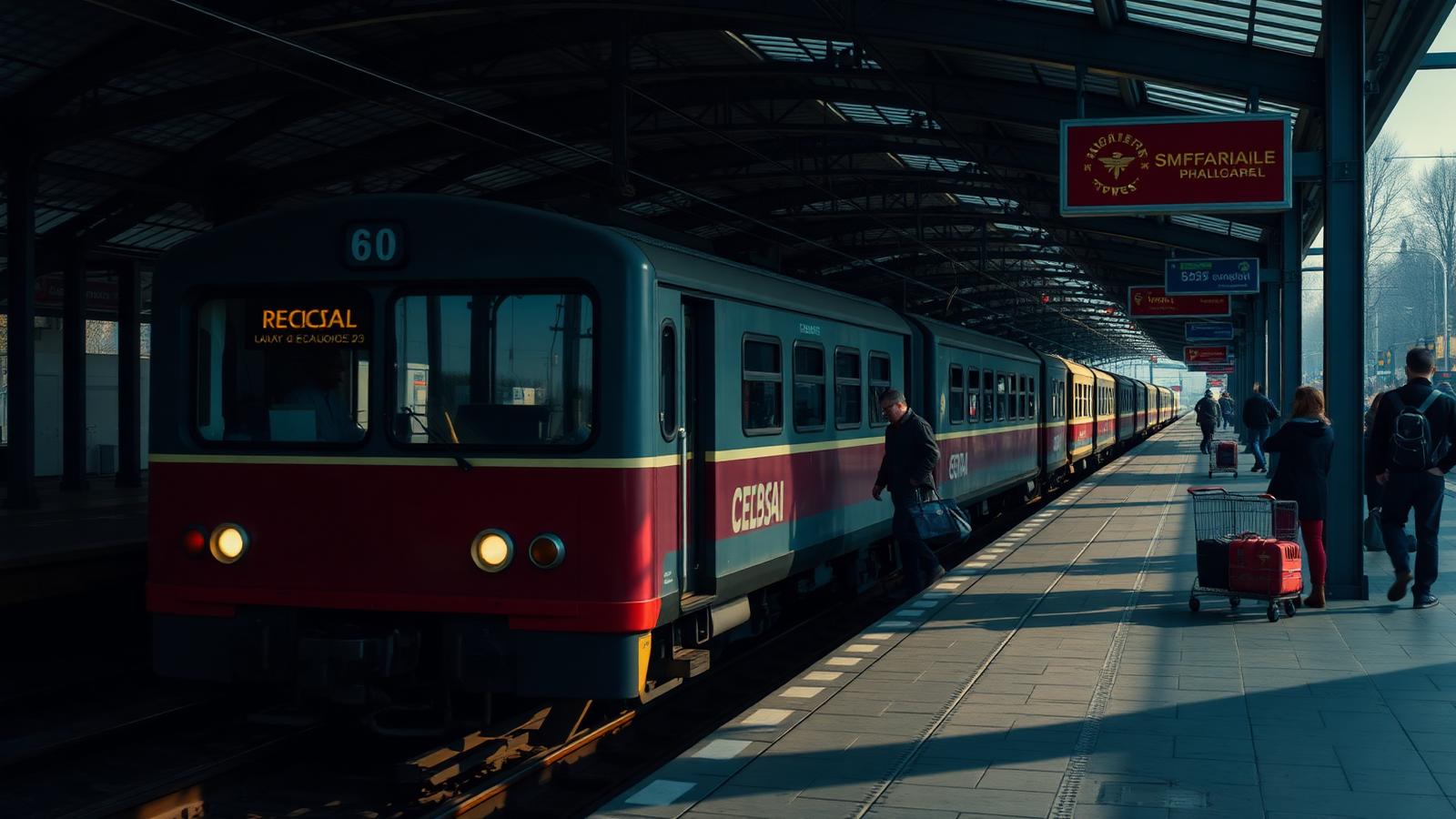 Airport express train platform with a departures screen showing a city center route