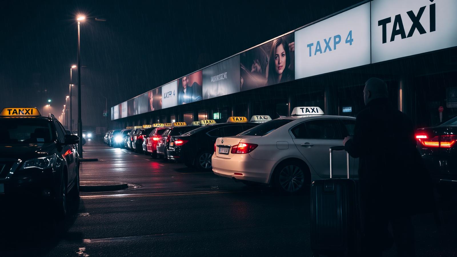 Taxi rank outside an airport terminal with a line of passengers and luggage