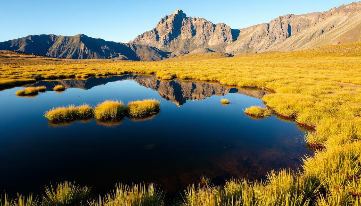 Jagged dolerite peak reflected in a still alpine tarn surrounded by button grass in Tasmania