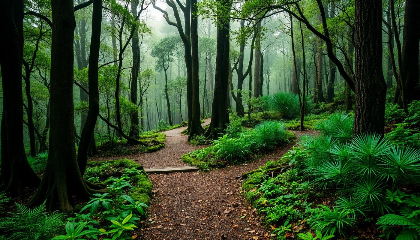Boardwalk path through mossy temperate rainforest with pandani plants in Tasmania