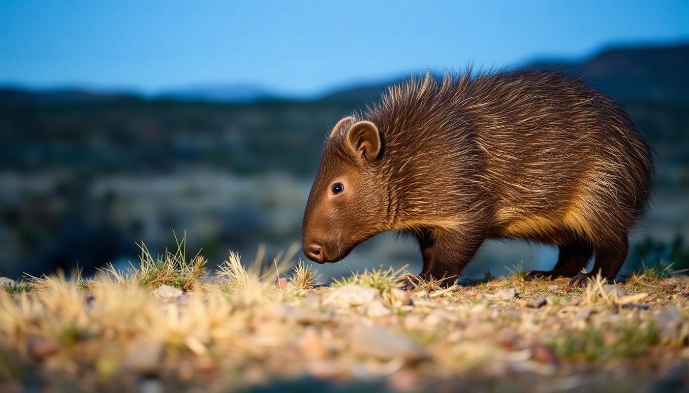 Wombat grazing on open moorland at dusk in a Tasmanian national park