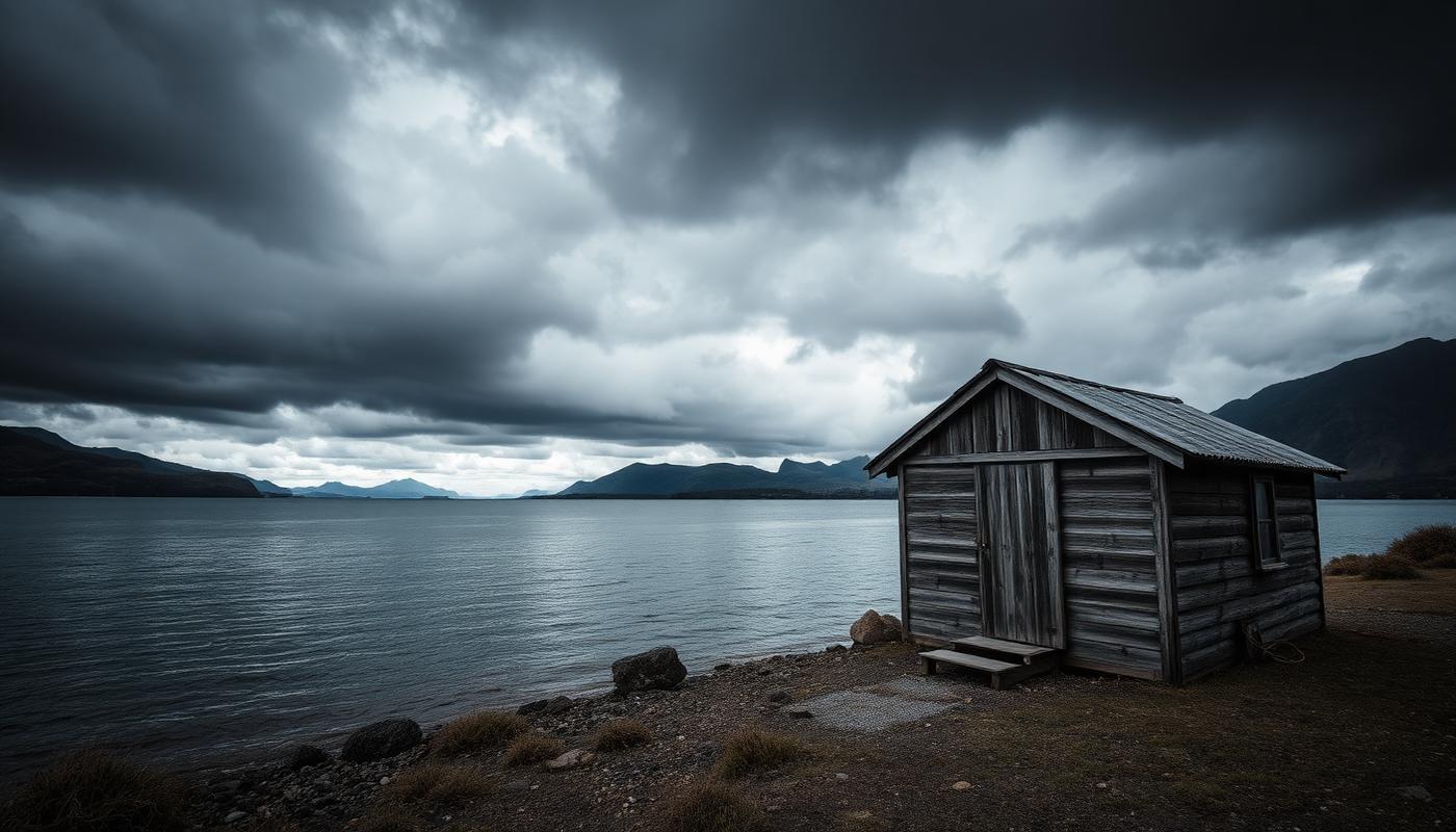 Weathered timber boat shed beside a dark highland lake under storm clouds