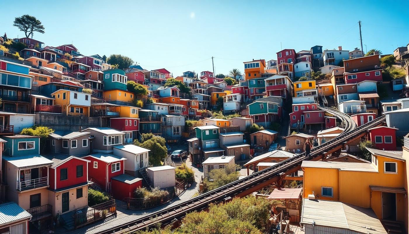 Steep hillside of brightly painted houses above the harbour in Valparaiso