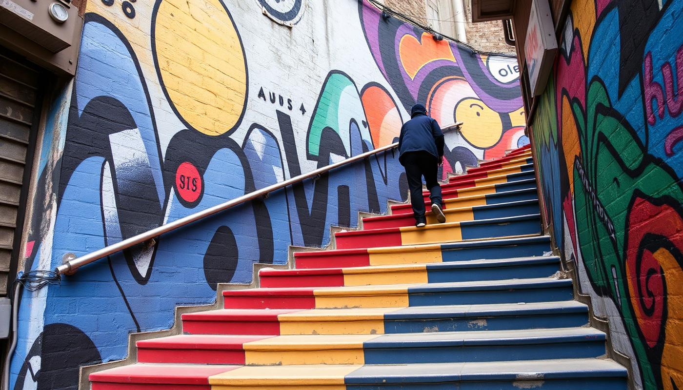 Large colourful mural covering a house wall on a steep street in Valparaiso