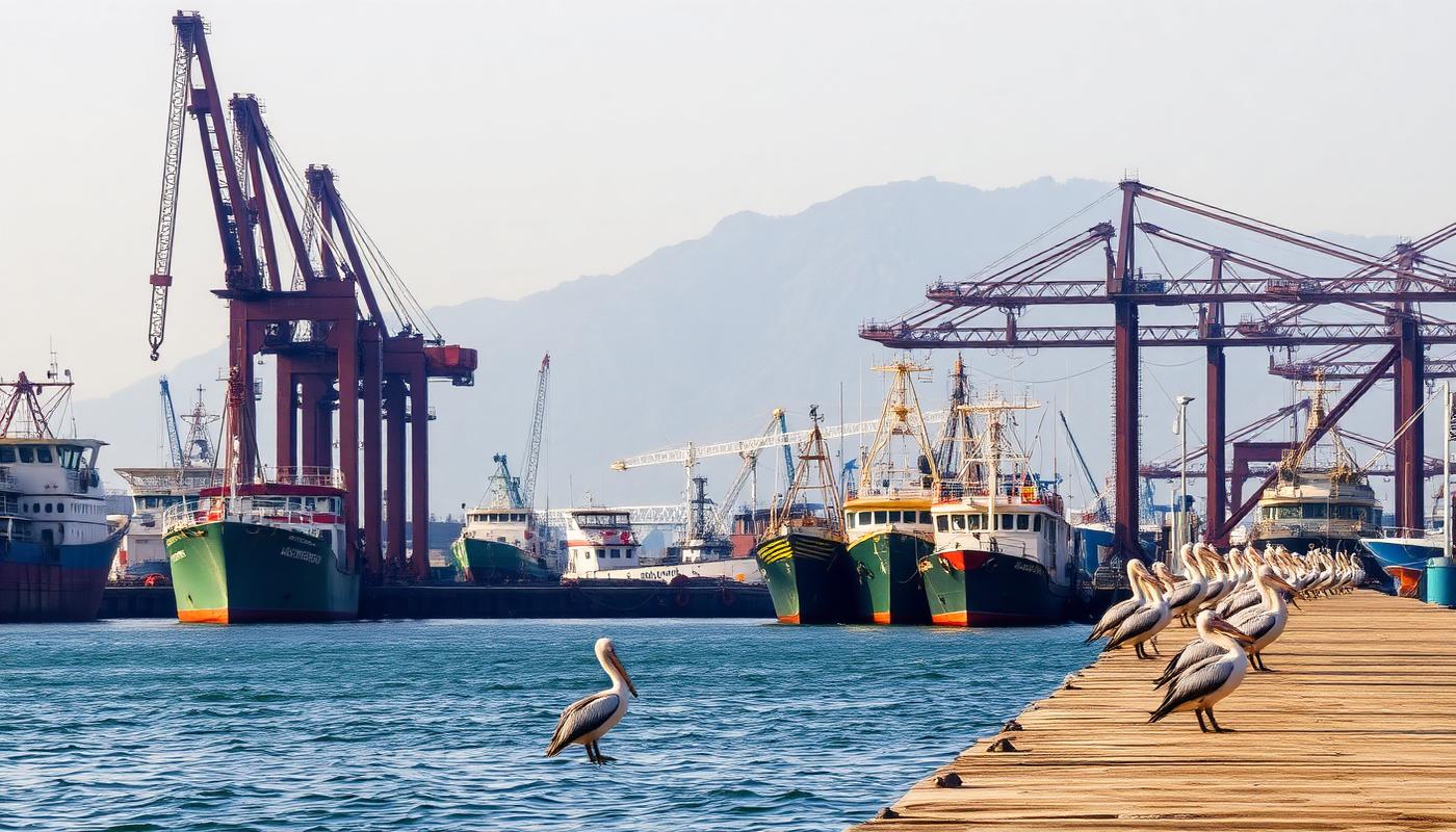 Cranes and container ships in the working port of Valparaiso seen from a hillside