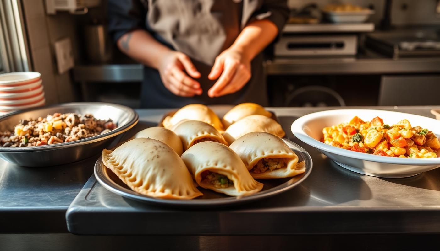 Freshly baked empanadas on a metal tray at a Chilean bakery counter